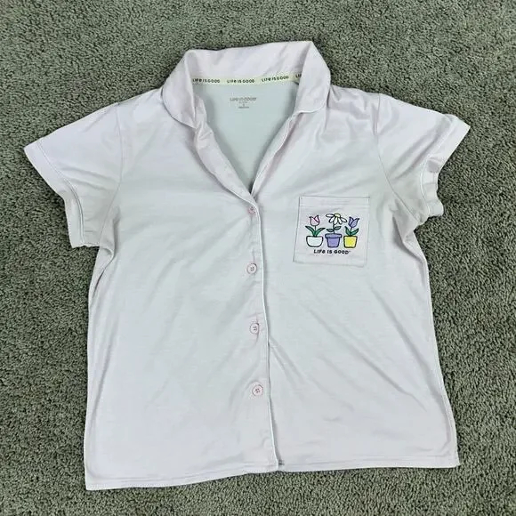 Life Is Good Top Womens S Pink Sleep Shirt Flower Pots Button Front Pajamas READ - Picture 2 of 11